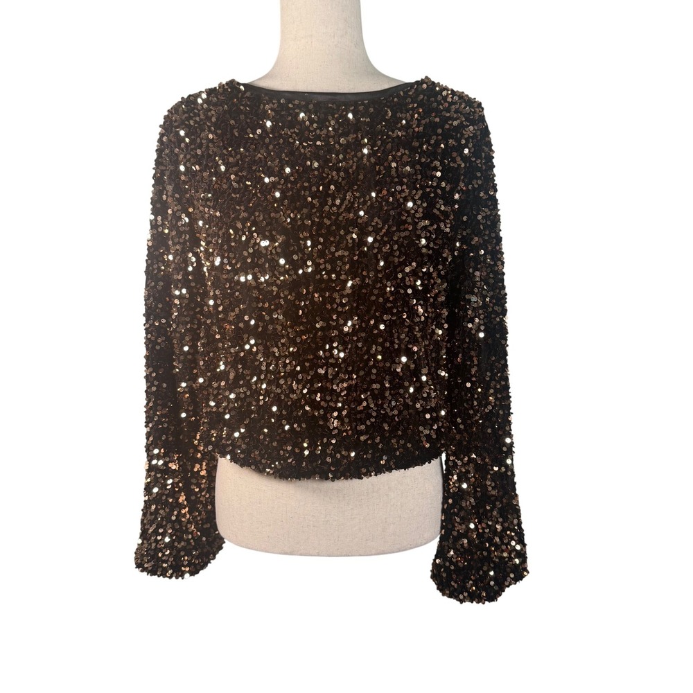 Charmed Hearts Sequin Top Womens Small Bronze Rayon‎ Glam Party Long Sleeve